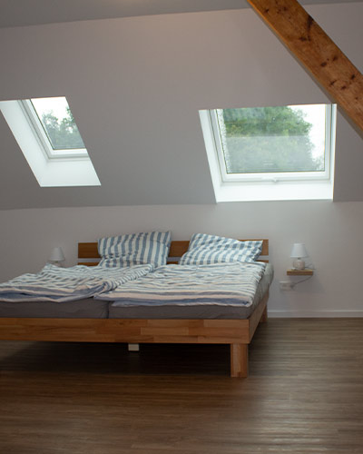 Mockup frame in farmhouse bedroom interior background, 3d render